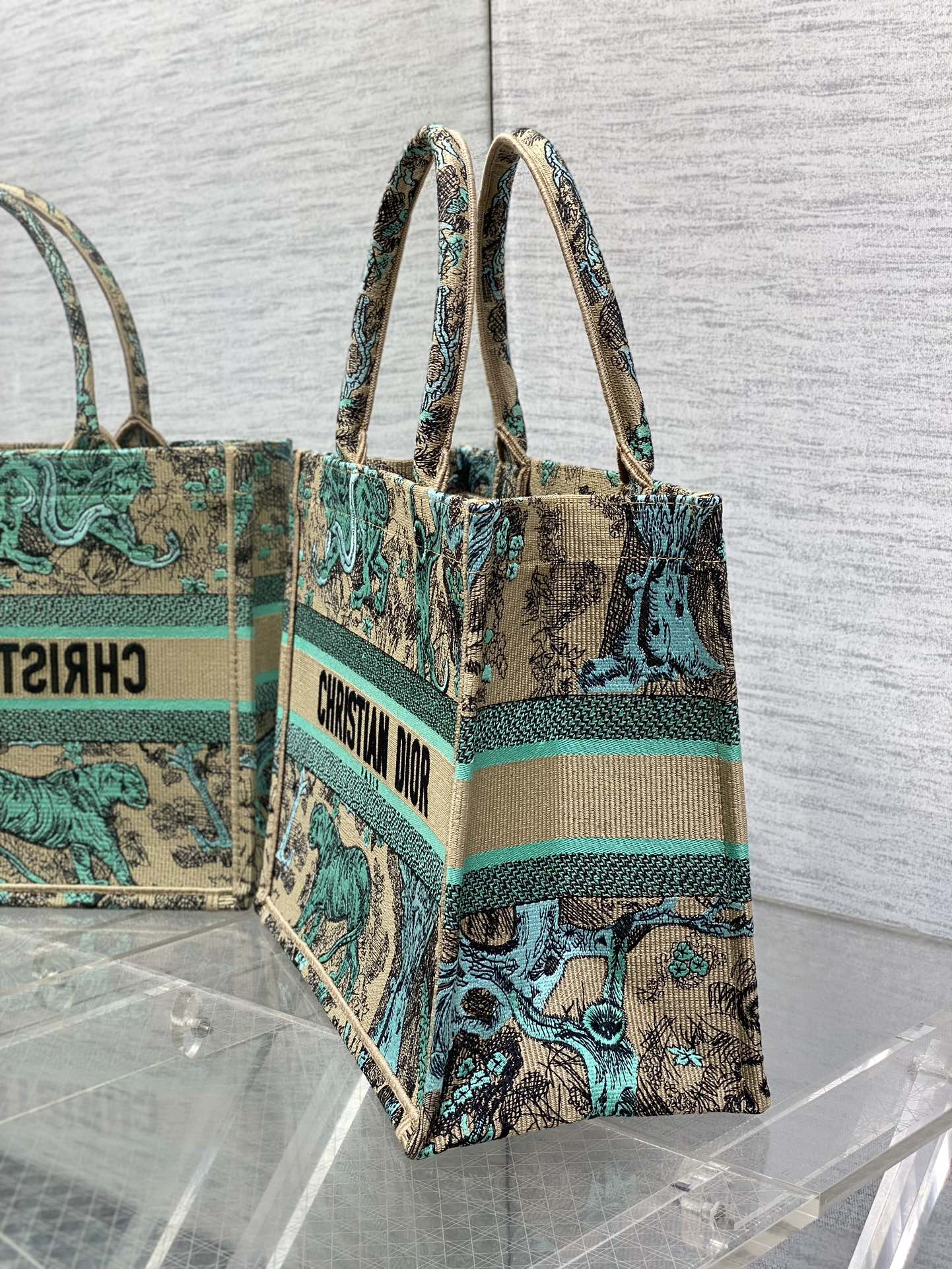 Medium Dior Book Tote Bag Raffa with Aquamarina Toile de Jouy Embroidery